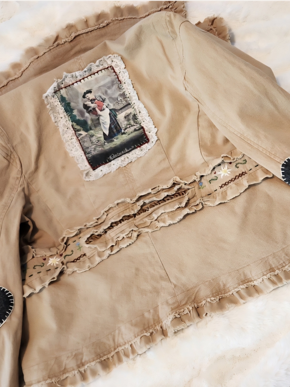 Romantic Alpine Ruffled Jean Jacket with Hand Embroidery - Picture 5 of 8